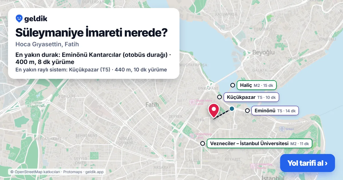 Süleymaniye İmareti nerede: haritada konumu ve en yakın duraklar, yürüme süreleriyle