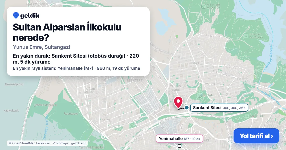 Sultan Alparslan İlkokulu nerede: haritada konumu ve en yakın duraklar, yürüme süreleriyle