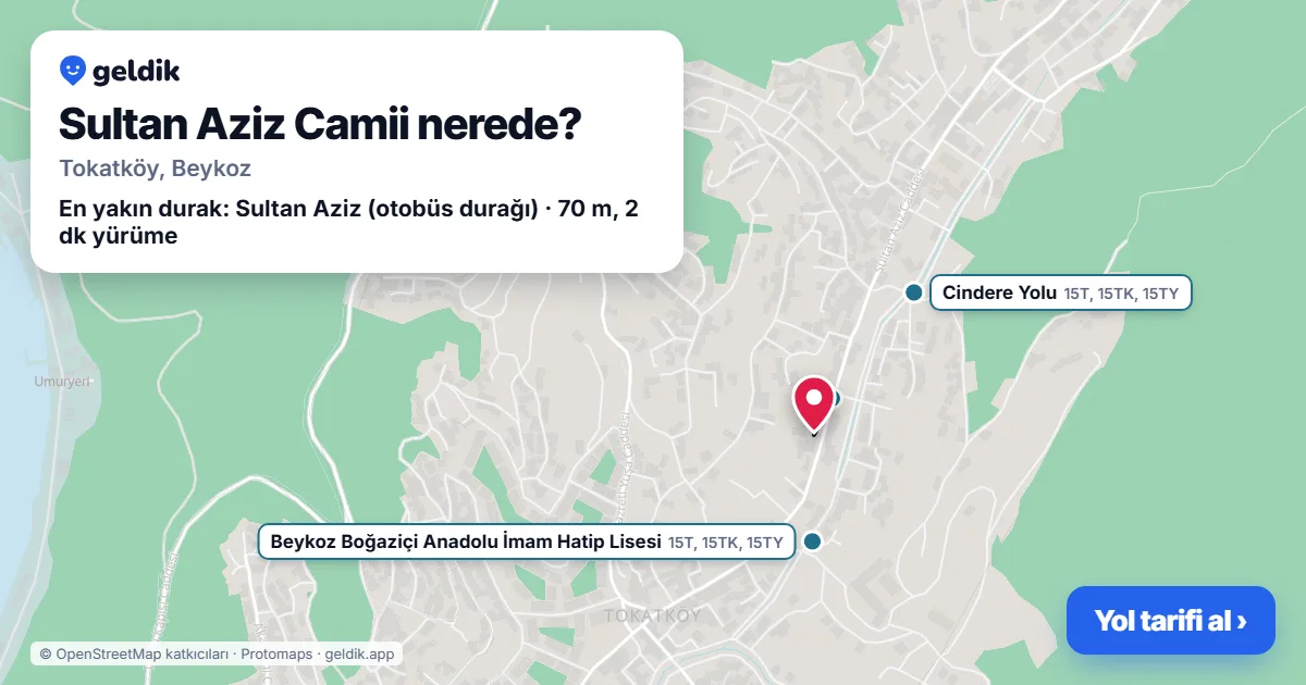 Where is Sultan Aziz Camii: map with its location and the nearest stops, with walking times