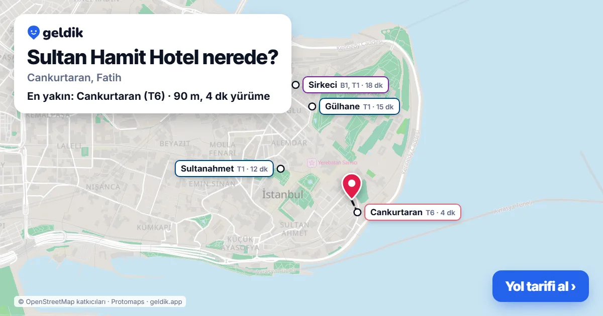Where is Sultan Hamit Hotel: map with its location and the nearest stops, with walking times