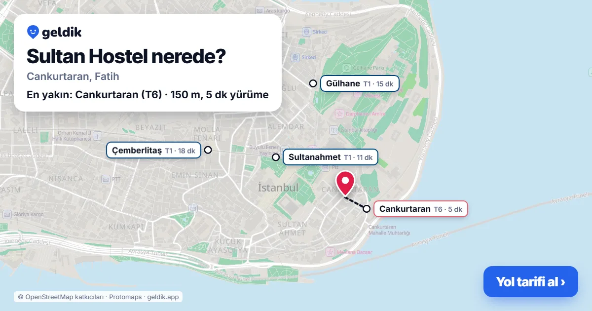 Sultan Hostel nerede: haritada konumu ve en yakın duraklar, yürüme süreleriyle