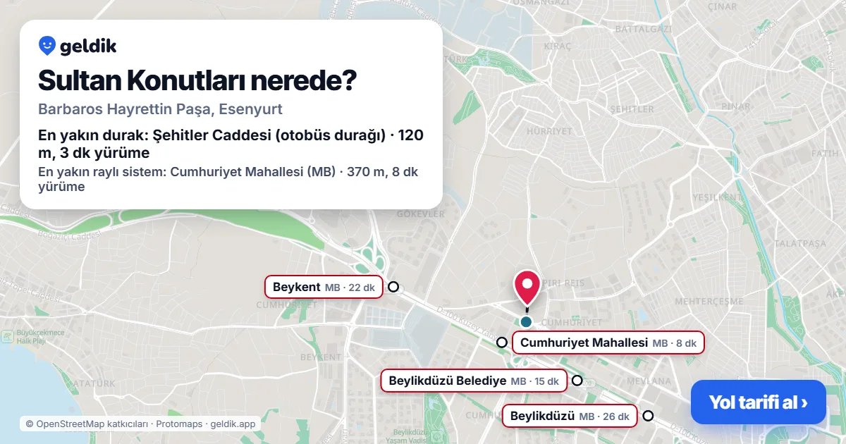 Where is Sultan Konutları: map with its location and the nearest stops, with walking times