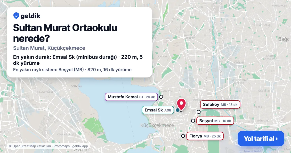 Sultan Murat Ortaokulu nerede: haritada konumu ve en yakın duraklar, yürüme süreleriyle