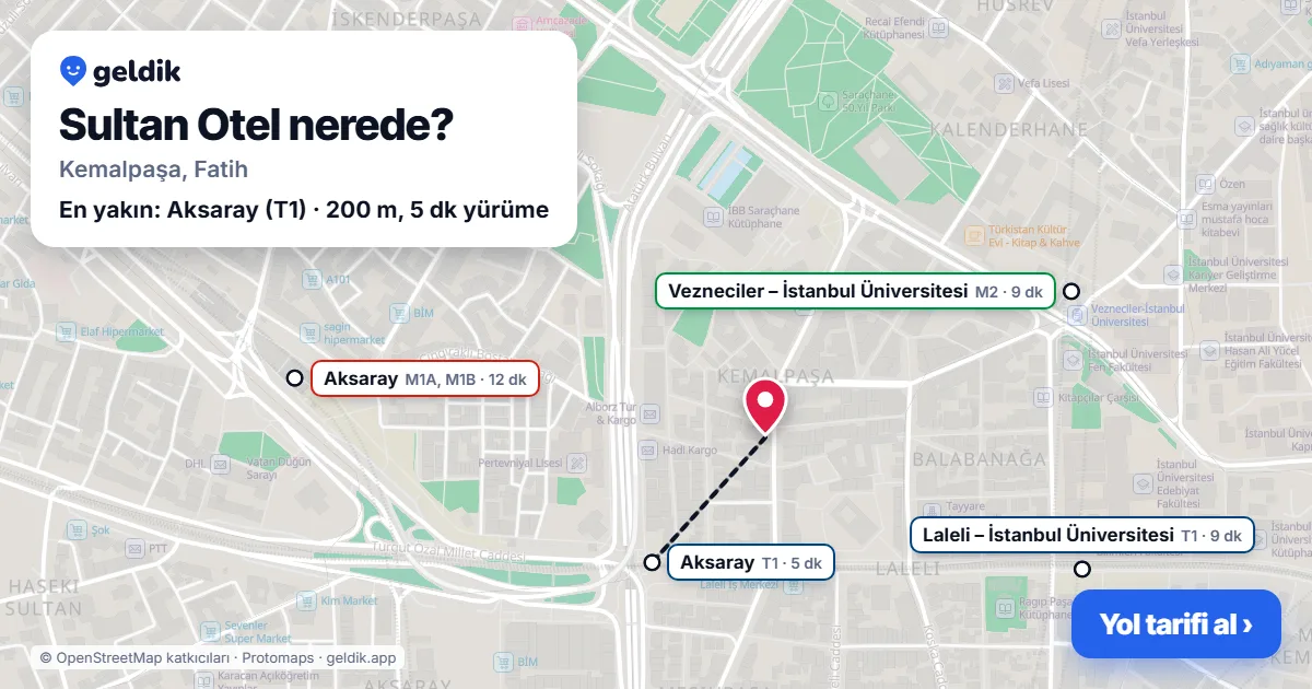Sultan Otel nerede: haritada konumu ve en yakın duraklar, yürüme süreleriyle