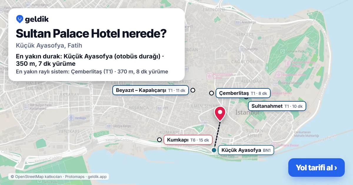 Where is Sultan Palace Hotel: map with its location and the nearest stops, with walking times
