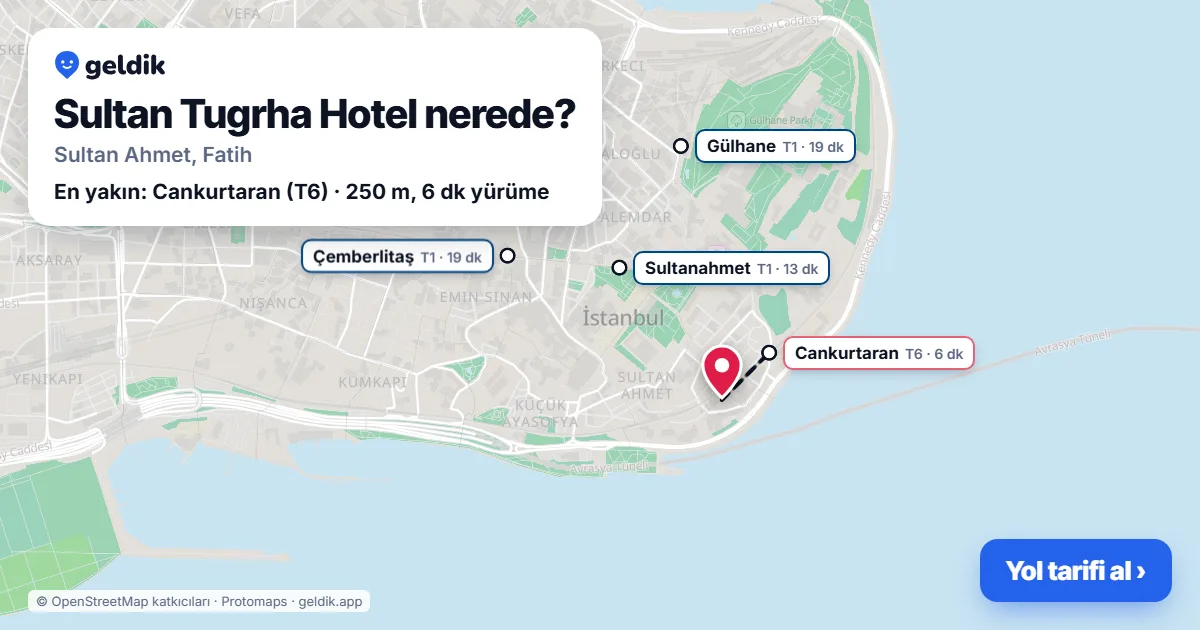 Where is Sultan Tugrha Hotel: map with its location and the nearest stops, with walking times