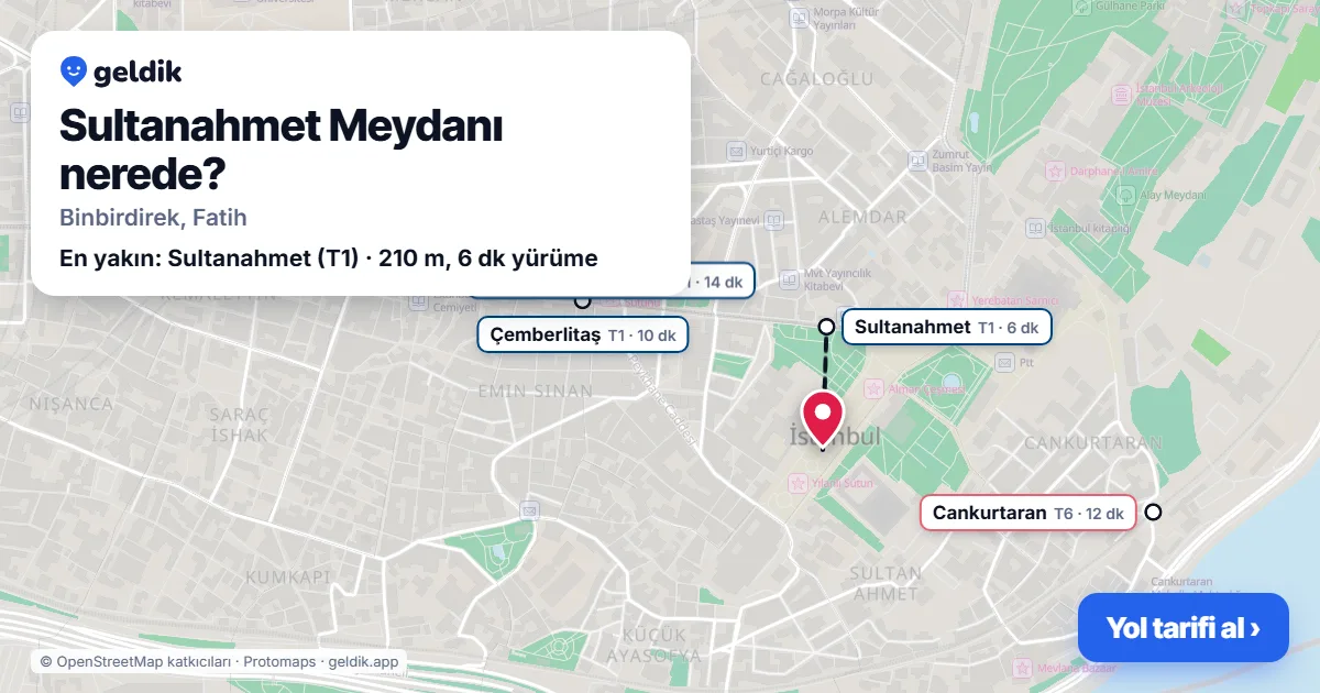 Sultanahmet Meydanı nerede: haritada konumu ve en yakın duraklar, yürüme süreleriyle