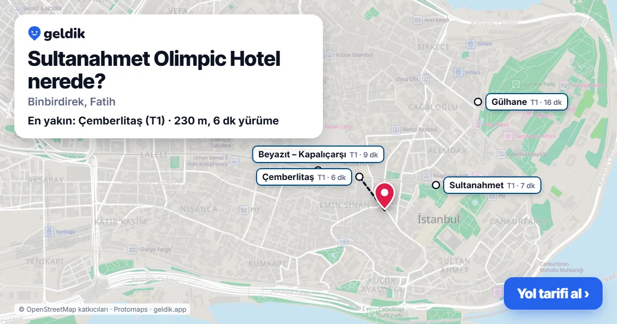 Sultanahmet Olimpic Hotel nerede: haritada konumu ve en yakın duraklar, yürüme süreleriyle