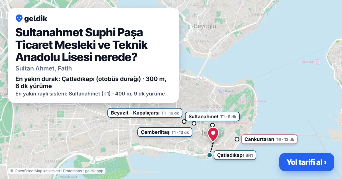 Sultanahmet Suphi Paşa Ticaret Mesleki ve Teknik Anadolu Lisesi nerede: haritada konumu ve en yakın duraklar, yürüme süreleriyle