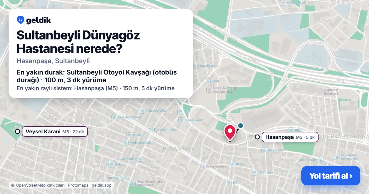 Where is Sultanbeyli Dünyagöz Hastanesi: map with its location and the nearest stops, with walking times