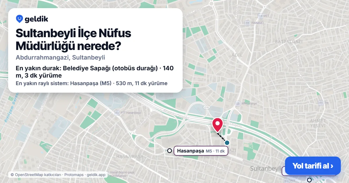 Where is Sultanbeyli İlçe Nüfus Müdürlüğü: map with its location and the nearest stops, with walking times
