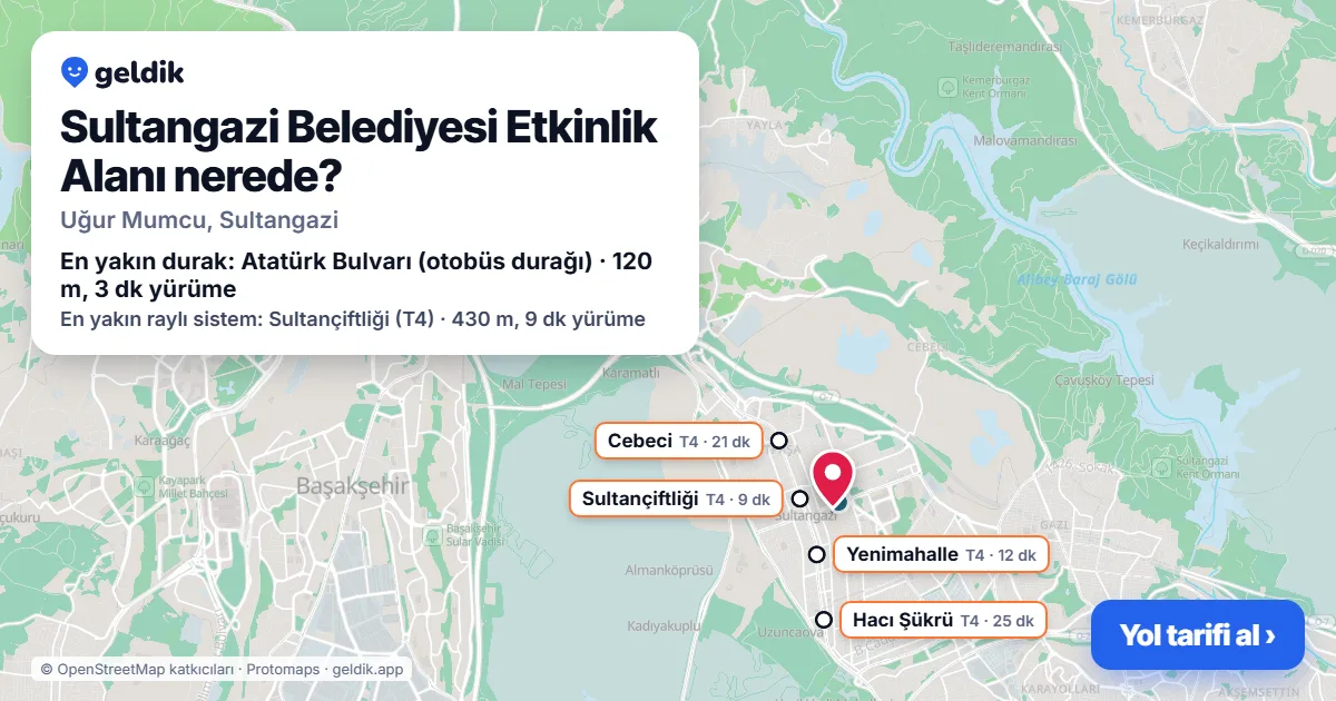 Where is Sultangazi Belediyesi Etkinlik Alanı: map with its location and the nearest stops, with walking times