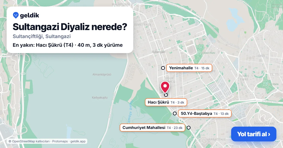 Sultangazi Diyaliz nerede: haritada konumu ve en yakın duraklar, yürüme süreleriyle