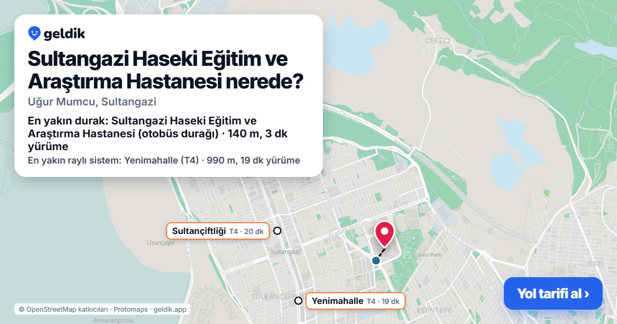 Where is Sultangazi Haseki Eğitim ve Araştırma Hastanesi: map with its location and the nearest stops, with walking times