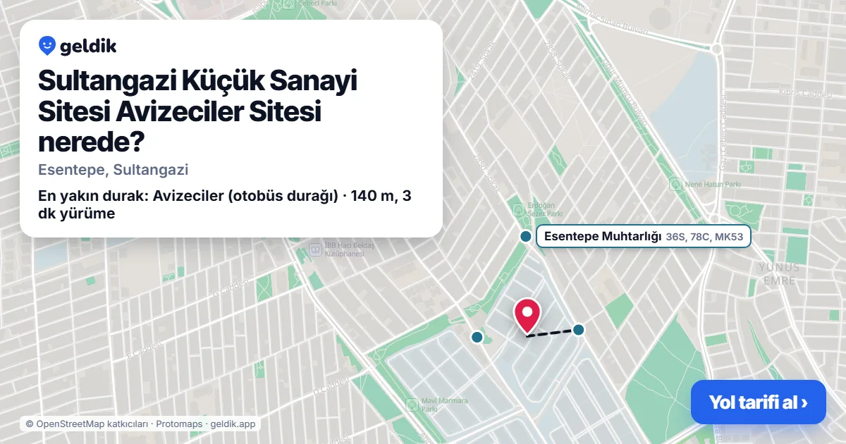 Sultangazi Küçük Sanayi Sitesi Avizeciler Sitesi nerede: haritada konumu ve en yakın duraklar, yürüme süreleriyle