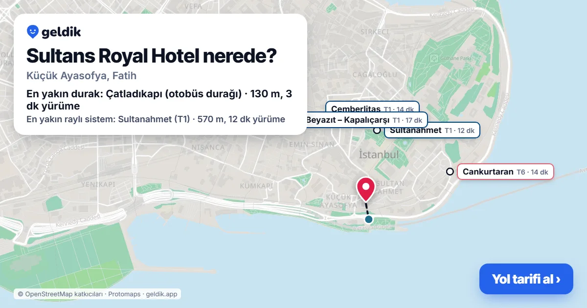 Where is Sultans Royal Hotel: map with its location and the nearest stops, with walking times
