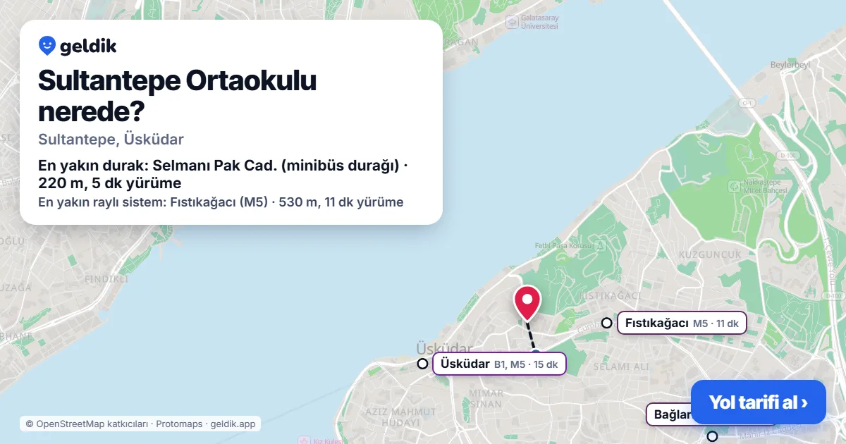 Sultantepe Ortaokulu nerede: haritada konumu ve en yakın duraklar, yürüme süreleriyle