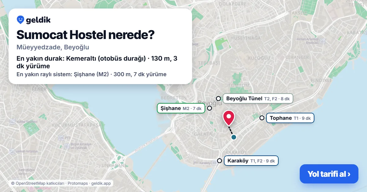 Sumocat Hostel nerede: haritada konumu ve en yakın duraklar, yürüme süreleriyle