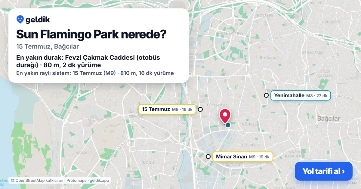 Sun Flamingo Park nerede: haritada konumu ve en yakın duraklar, yürüme süreleriyle
