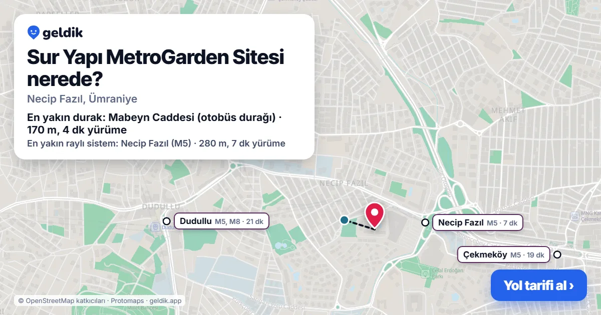 Where is Sur Yapı MetroGarden Sitesi: map with its location and the nearest stops, with walking times