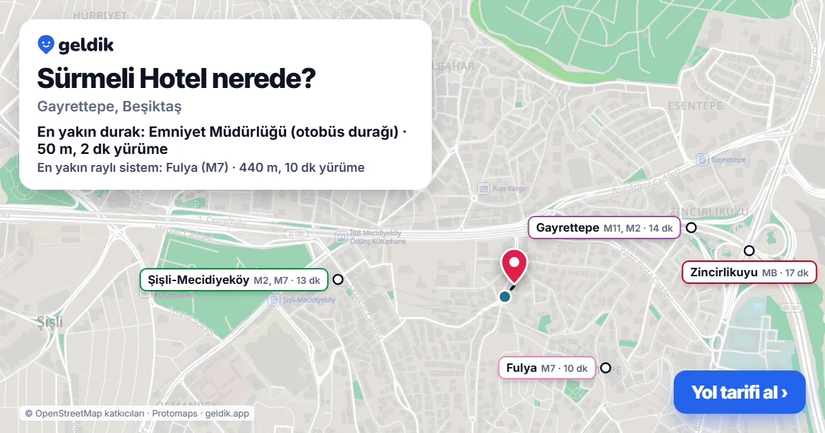 Where is Sürmeli Hotel: map with its location and the nearest stops, with walking times