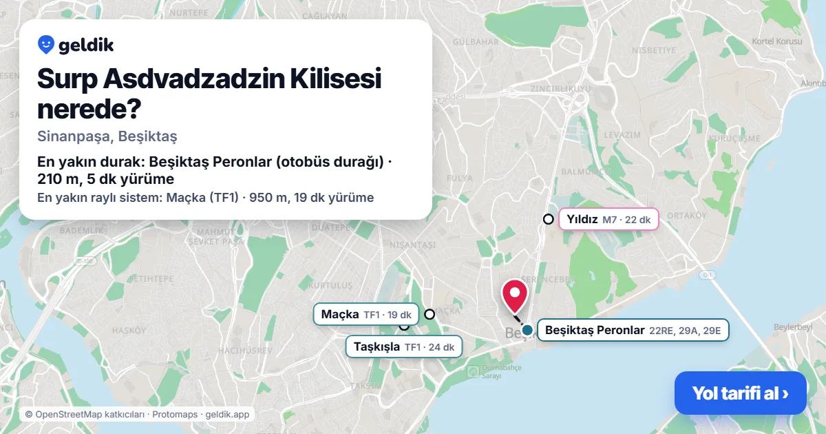 Surp Asdvadzadzin Kilisesi nerede: haritada konumu ve en yakın duraklar, yürüme süreleriyle