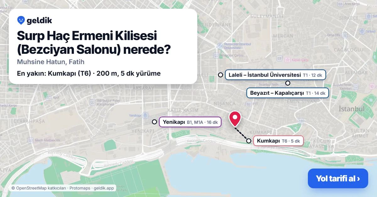 Surp Haç Ermeni Kilisesi (Bezciyan Salonu) nerede: haritada konumu ve en yakın duraklar, yürüme süreleriyle