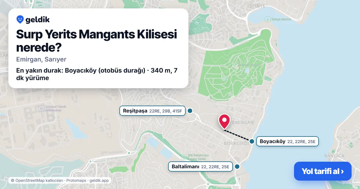 Where is Surp Yerits Mangants Kilisesi: map with its location and the nearest stops, with walking times
