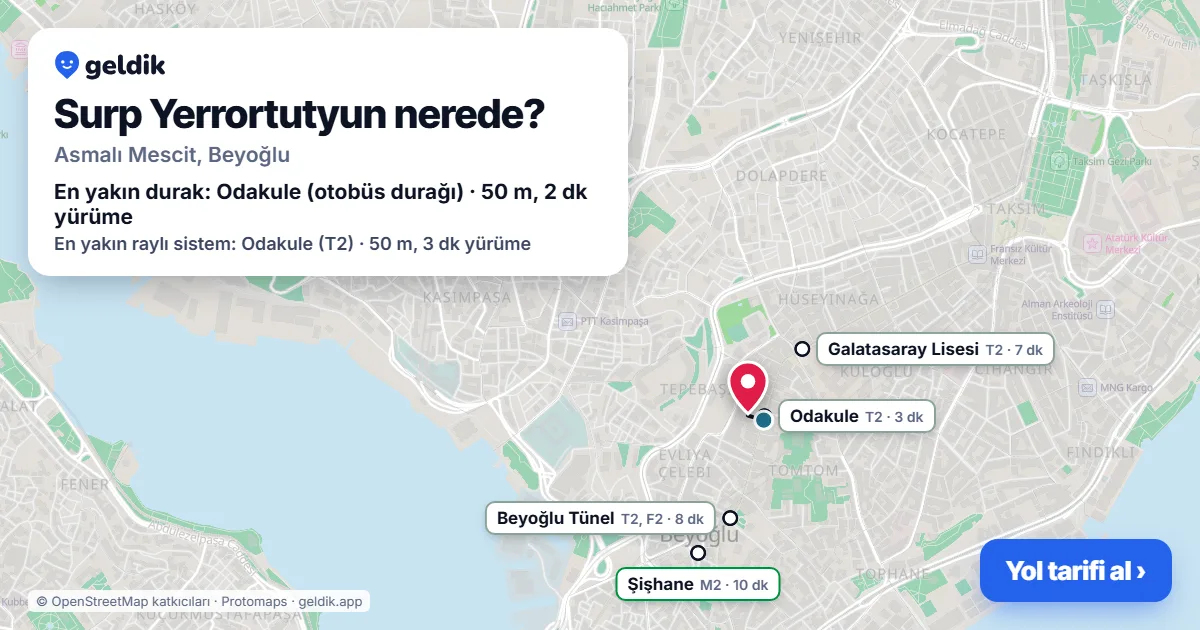 Surp Yerrortutyun nerede: haritada konumu ve en yakın duraklar, yürüme süreleriyle
