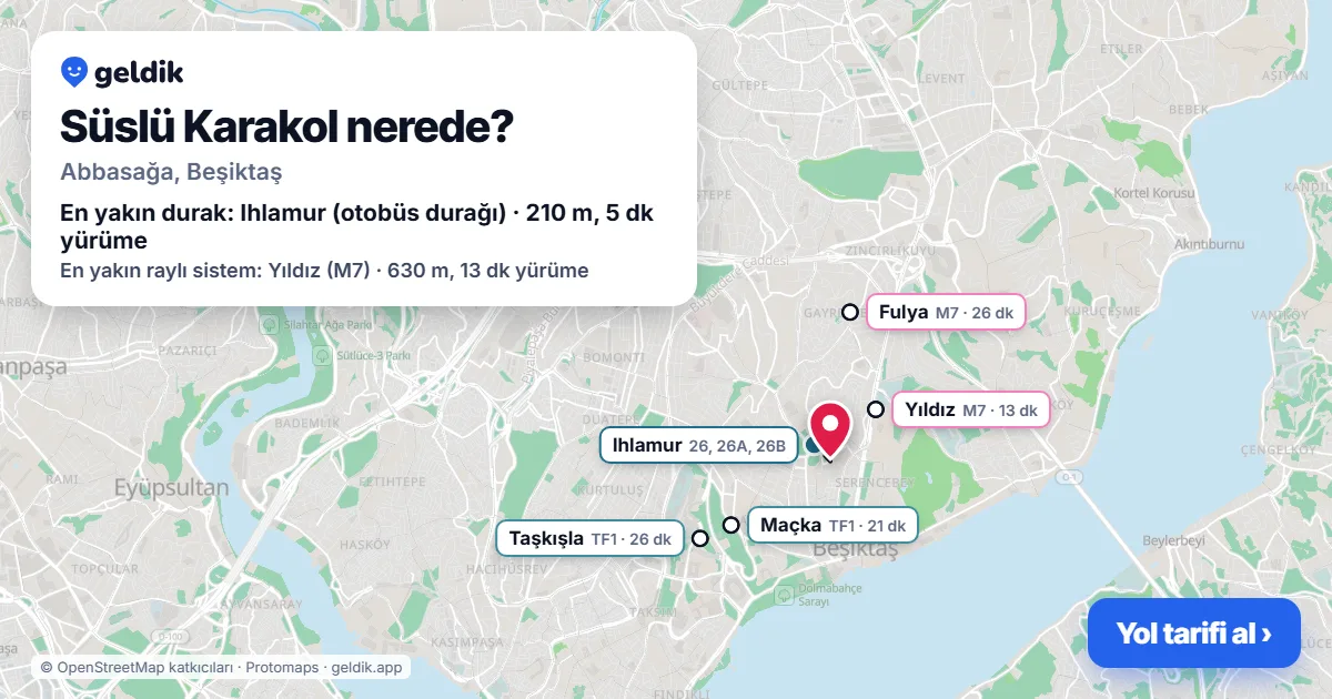 Where is Süslü Karakol: map with its location and the nearest stops, with walking times