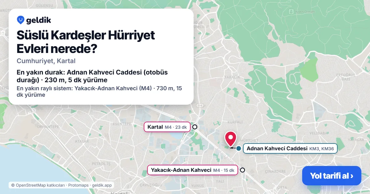 Süslü Kardeşler Hürriyet Evleri nerede: haritada konumu ve en yakın duraklar, yürüme süreleriyle