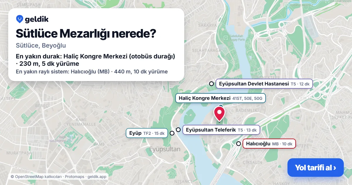 Sütlüce Mezarlığı nerede: haritada konumu ve en yakın duraklar, yürüme süreleriyle