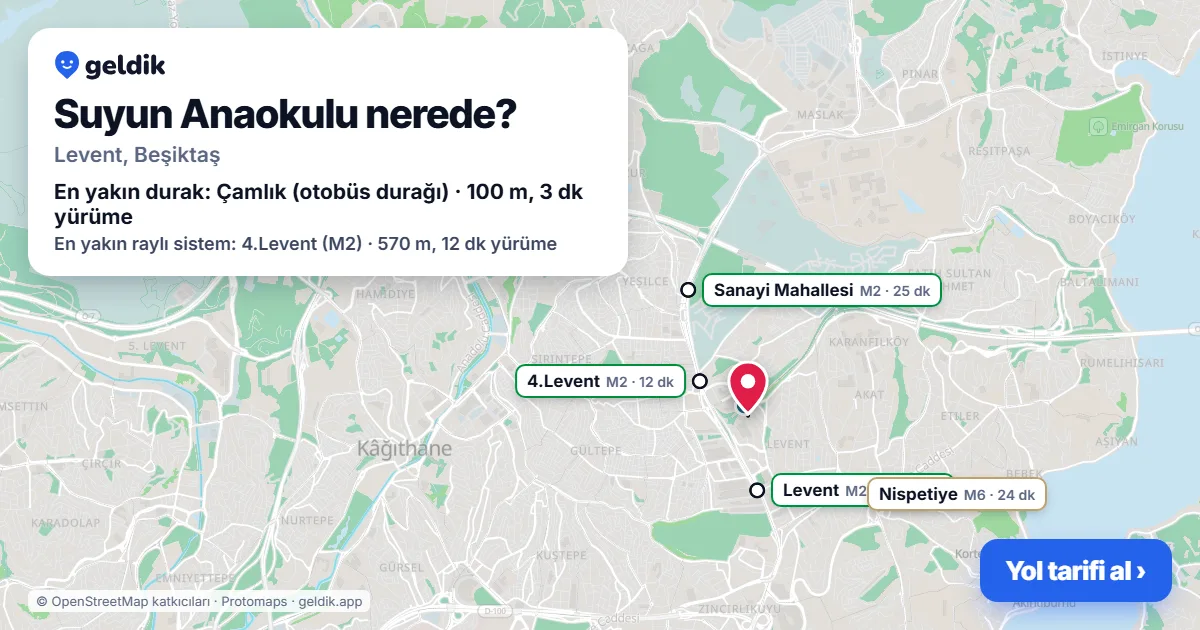 Suyun Anaokulu nerede: haritada konumu ve en yakın duraklar, yürüme süreleriyle