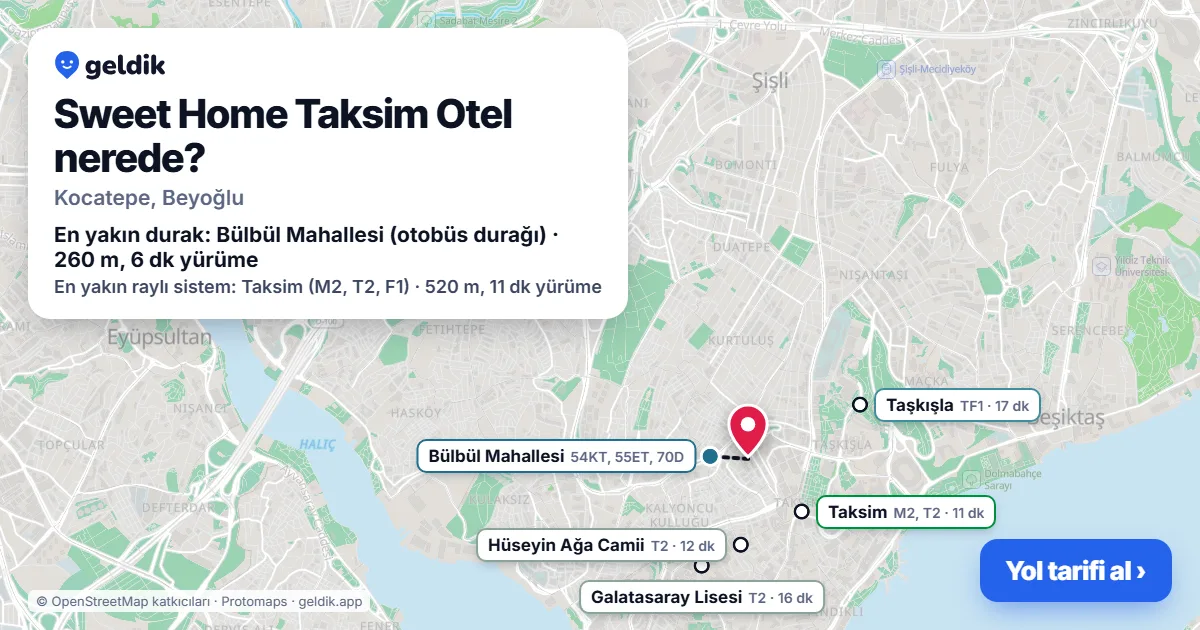 Where is Sweet Home Taksim Otel: map with its location and the nearest stops, with walking times