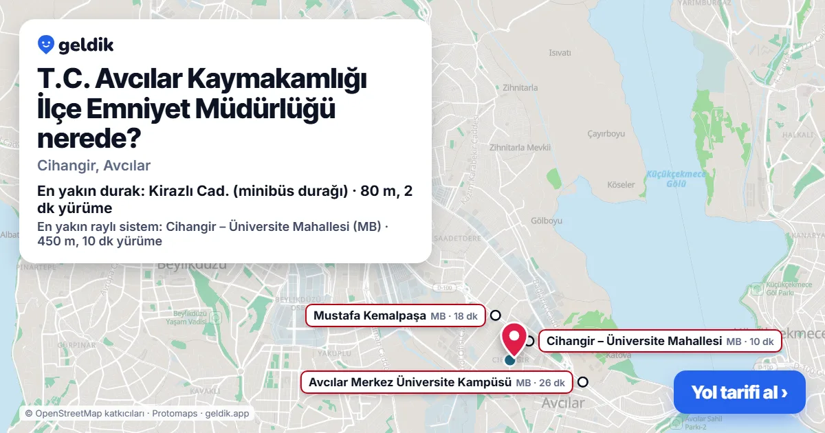 Where is T.C. Avcılar Kaymakamlığı İlçe Emniyet Müdürlüğü: map with its location and the nearest stops, with walking times