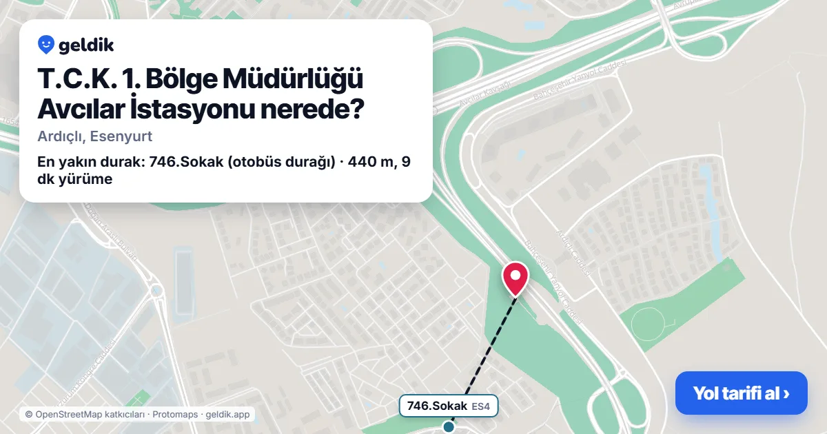 Where is T.C.K. 1. Bölge Müdürlüğü Avcılar İstasyonu: map with its location and the nearest stops, with walking times