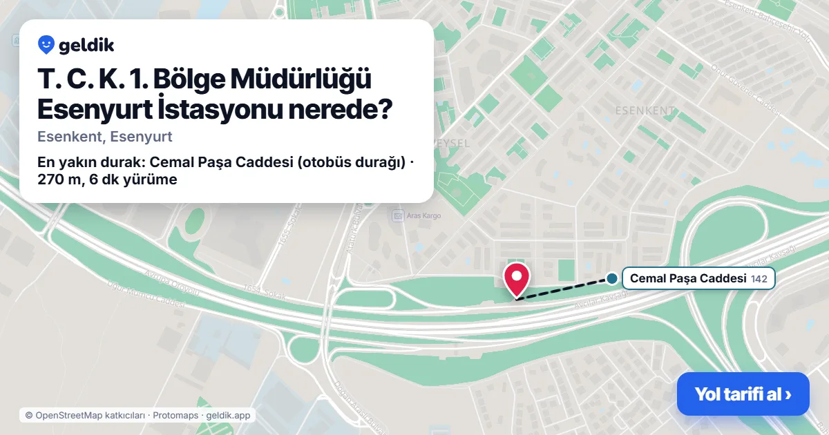 Where is T. C. K. 1. Bölge Müdürlüğü Esenyurt İstasyonu: map with its location and the nearest stops, with walking times