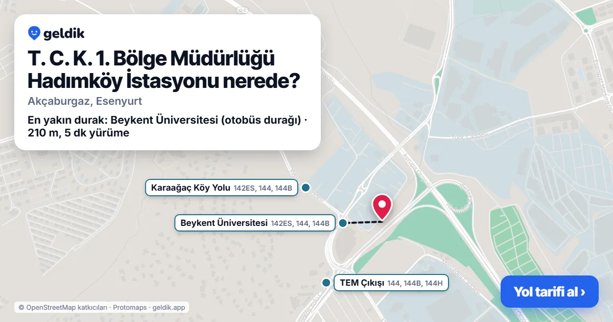 T. C. K. 1. Bölge Müdürlüğü Hadımköy İstasyonu nerede: haritada konumu ve en yakın duraklar, yürüme süreleriyle