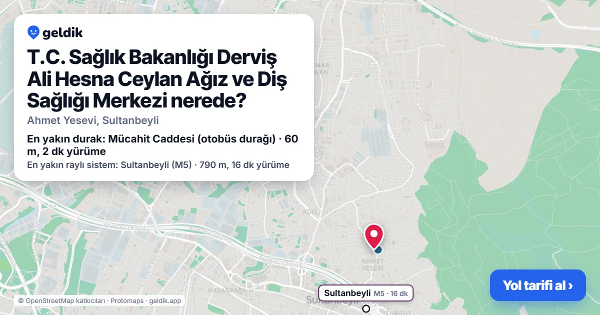 Where is T.C. Sağlık Bakanlığı Derviş Ali Hesna Ceylan Ağız ve Diş Sağlığı Merkezi: map with its location and the nearest stops, with walking times