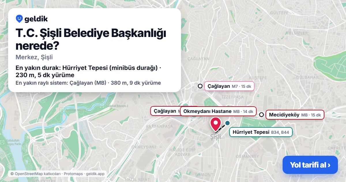 T.C. Şişli Belediye Başkanlığı nerede: haritada konumu ve en yakın duraklar, yürüme süreleriyle