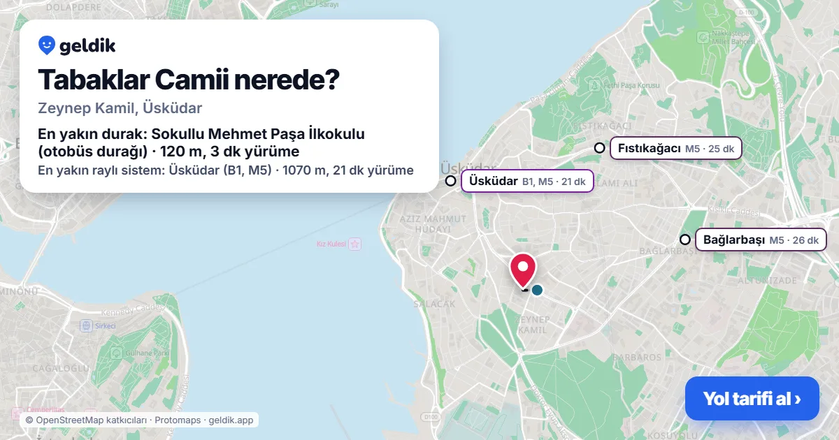 Where is Tabaklar Camii: map with its location and the nearest stops, with walking times