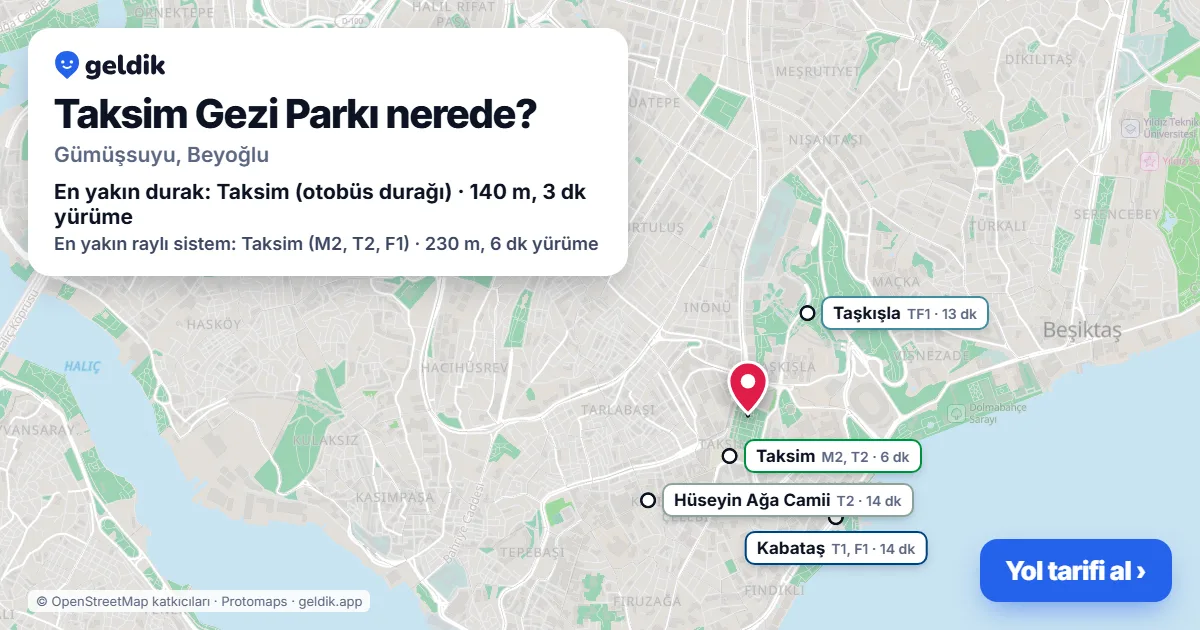 Where is Gezi Park: map with its location and the nearest stops, with walking times