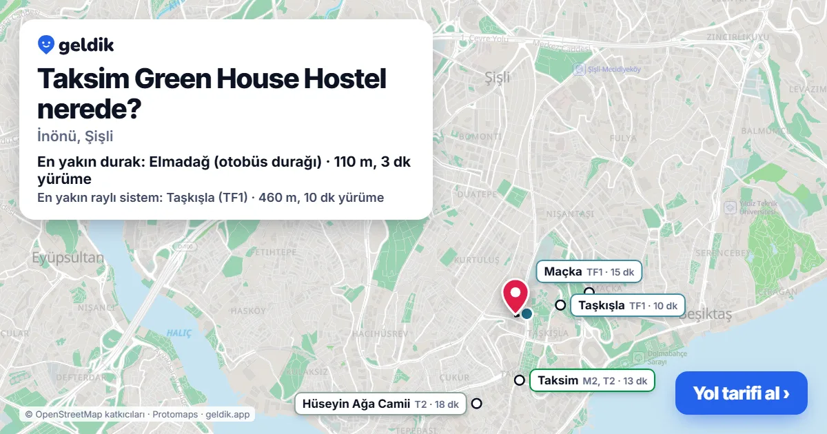Where is Taksim Green House Hostel: map with its location and the nearest stops, with walking times