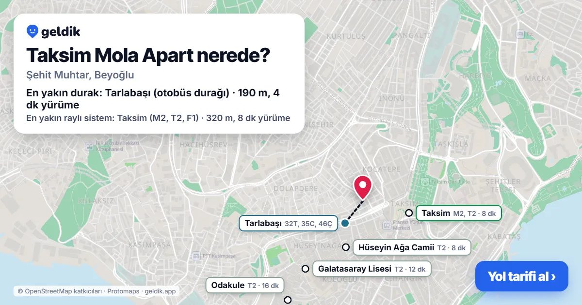 Taksim Mola Apart nerede: haritada konumu ve en yakın duraklar, yürüme süreleriyle