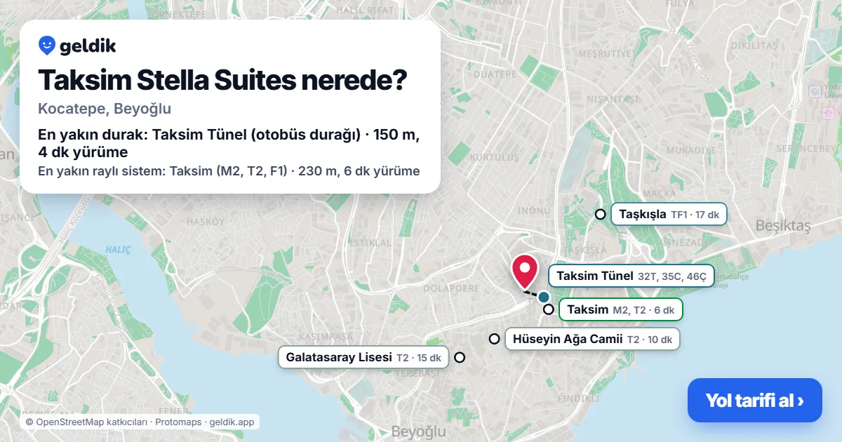 Where is Taksim Stella Suites: map with its location and the nearest stops, with walking times