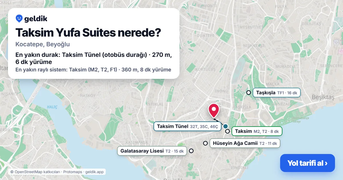 Taksim Yufa Suites nerede: haritada konumu ve en yakın duraklar, yürüme süreleriyle