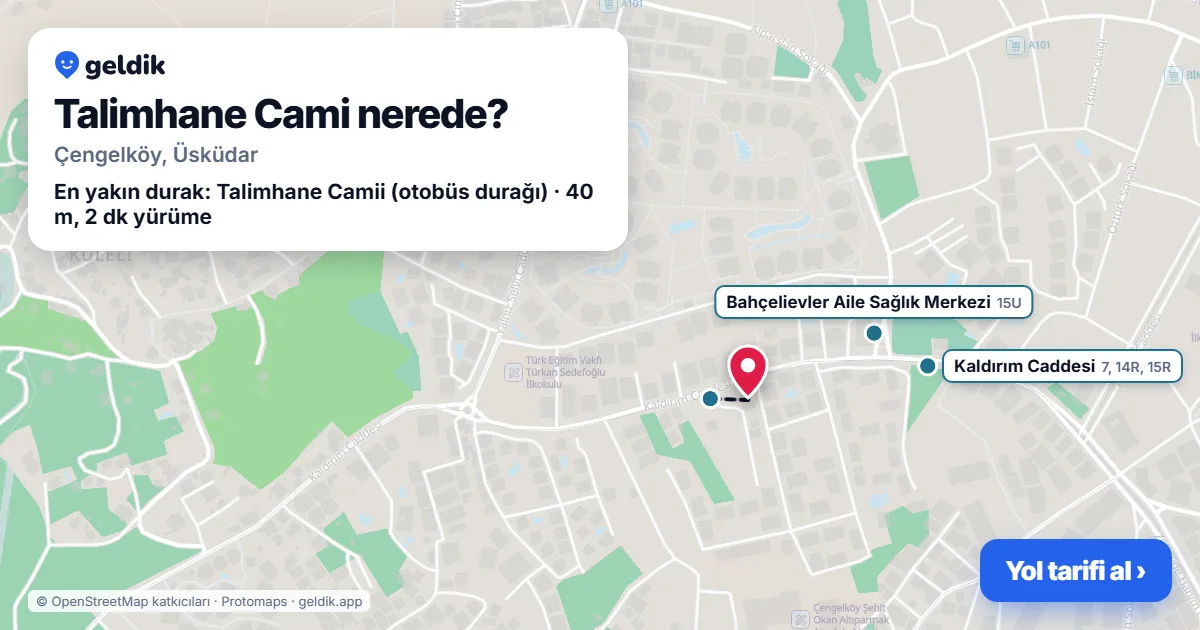 Talimhane Cami nerede: haritada konumu ve en yakın duraklar, yürüme süreleriyle