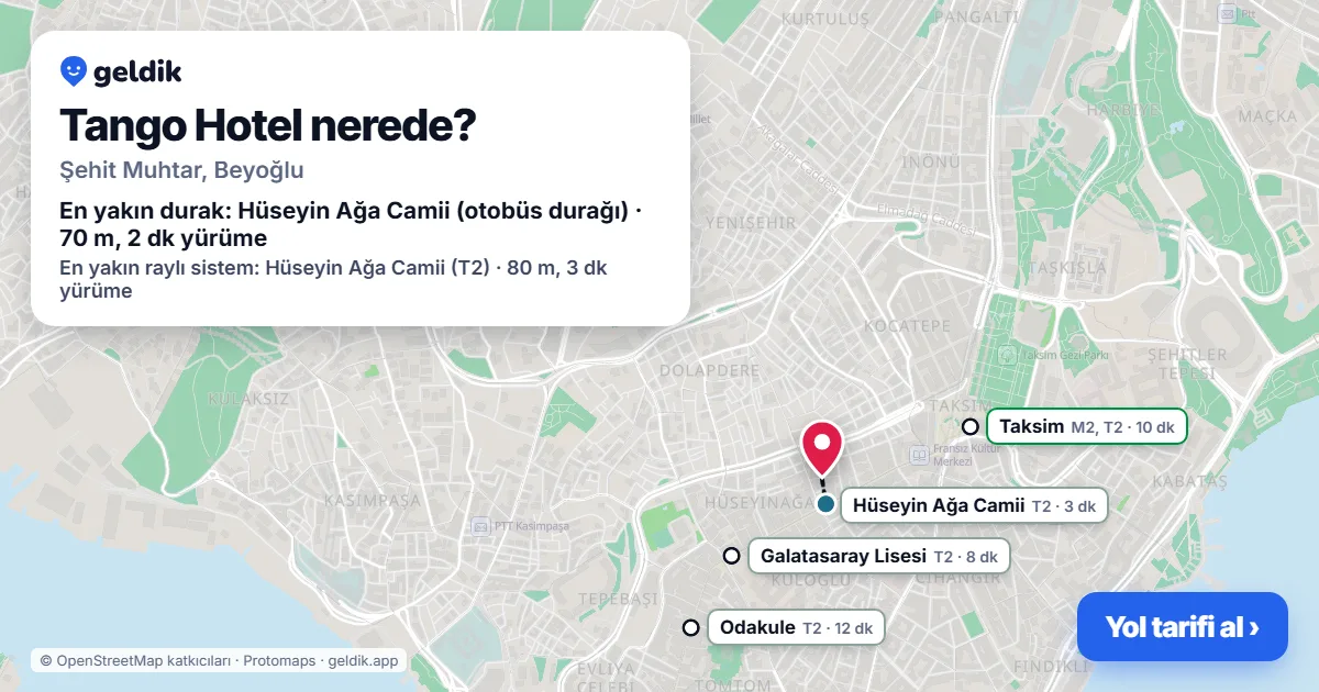 Tango Hotel nerede: haritada konumu ve en yakın duraklar, yürüme süreleriyle