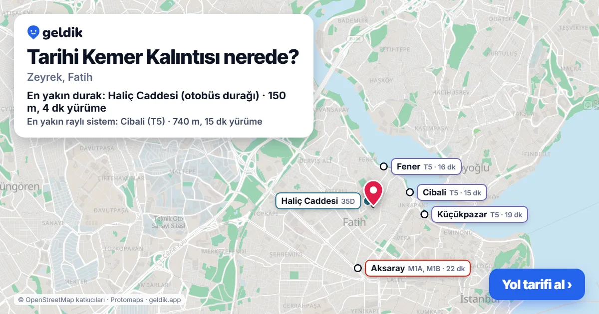 Where is Tarihi Kemer Kalıntısı: map with its location and the nearest stops, with walking times