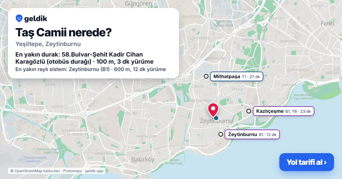 Taş Camii nerede: haritada konumu ve en yakın duraklar, yürüme süreleriyle